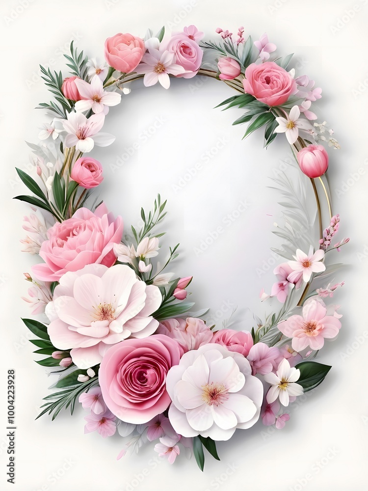 Floral wreath invitation greetings card design with pink flowers and leaves on a white background Floral wreath invitation greetings card design with pink flowers and leaves on a white background
