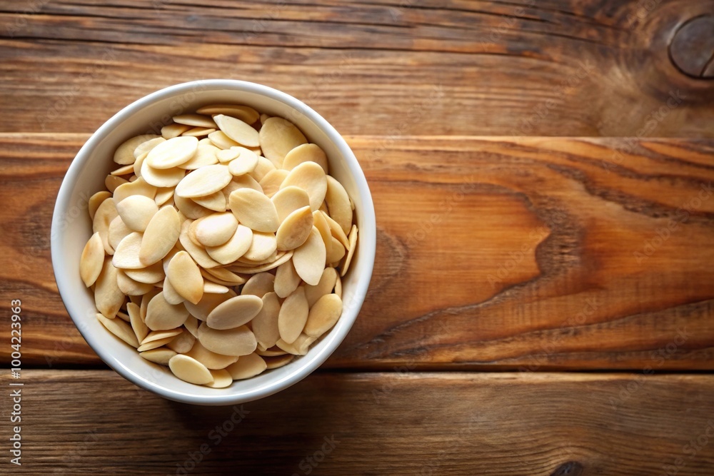 Overhead shot of porcelain bowl with sliced almonds on chopping block Overhead shot of porcelain bowl with sliced almonds on chopping block