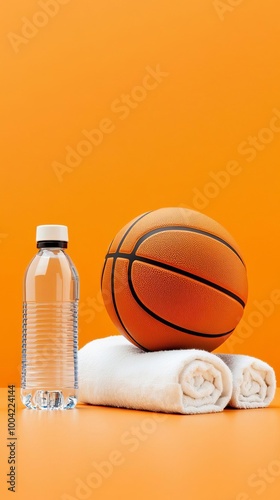 Flat Lay of Sports Equipment Basketball Water Bottle and Towel on Gym Floor for Fitness Essentials