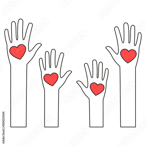 Raised hands with hearts. Volunteering concept. Vector illustration isolated on white.