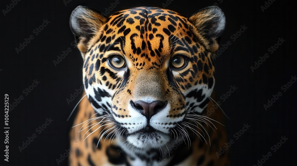 jaguars piercing gaze captured in a striking closeup against a sleek black background emphasizing the majestic features of this powerful feline with rich details and dramatic contrast jaguars piercing gaze captured in a striking closeup against a sleek black background emphasizing the majestic features of this powerful feline with rich details and dramatic contrast