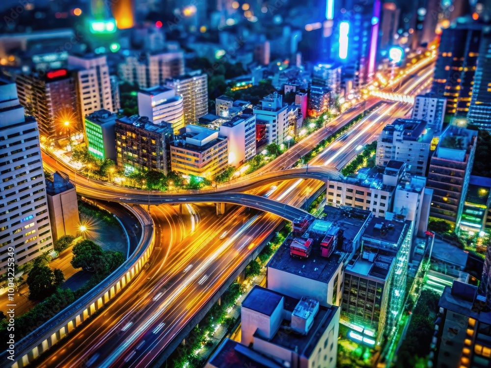 Aerial View of a Miniature Highway at Night in Tokyo Showcasing Urban City Lights and Traffic Flow Aerial View of a Miniature Highway at Night in Tokyo Showcasing Urban City Lights and Traffic Flow