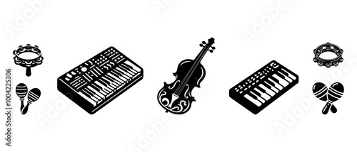 Music instruments piano, tambourine, ukulele, maracas silhouette black filled vector Illustration icon