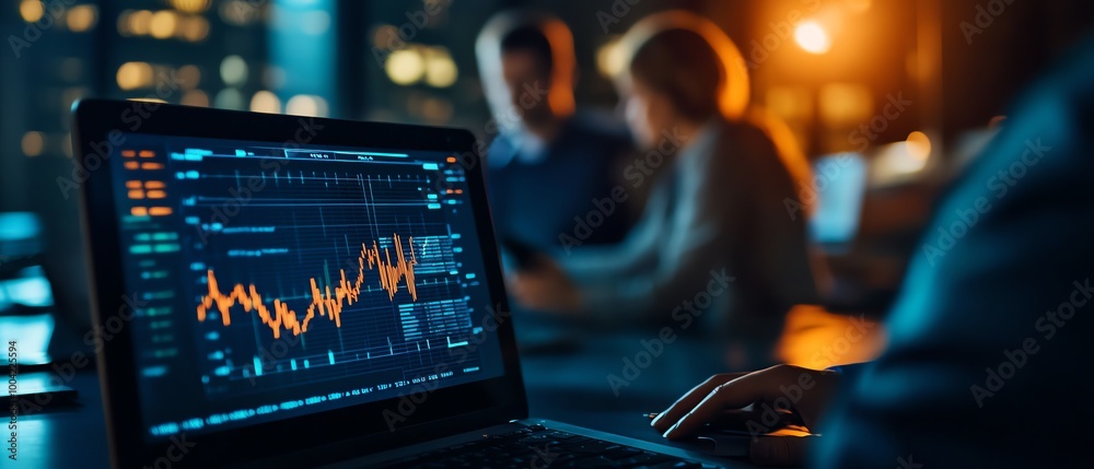 Laptop displaying financial data with blurry colleagues in background. Laptop displaying financial data with blurry colleagues in background.