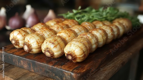 jerusalem artichokes beautifully arranged on a rustic wooden serving board emphasizing their unique shapes and textures inviting presentation ideal for gourmet cooking