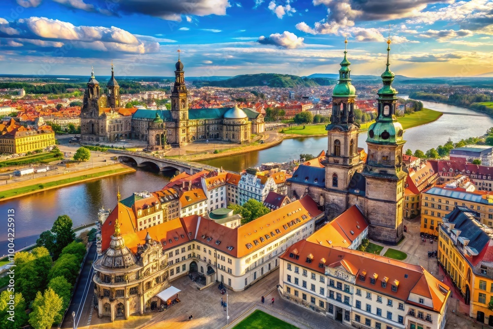 Naklejka premium Aerial View of Dresdenâ€™s Historic Cityscape Showcasing the State Art Collections and Architecture