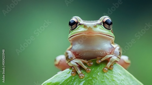 A small frog perched delicately on a green leaf, perfect for nature and wildlife themes, showcasing the beauty of simple wildlife moments.