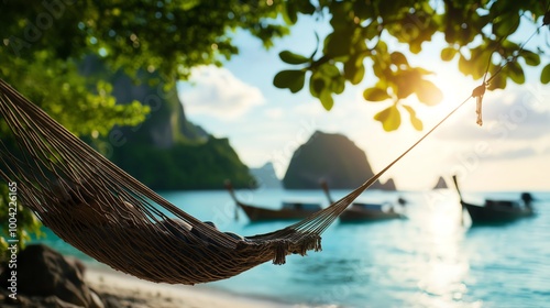 Relaxing hammock on beach with sunset and boats in the background, tranquil setting.