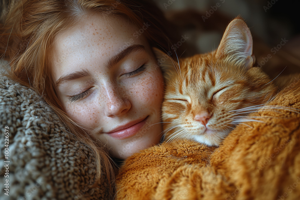A young woman enjoying a lazy afternoon at home, curled up on the couch with her cat and a good movie. A young woman enjoying a lazy afternoon at home, curled up on the couch with her cat and a good movie.
