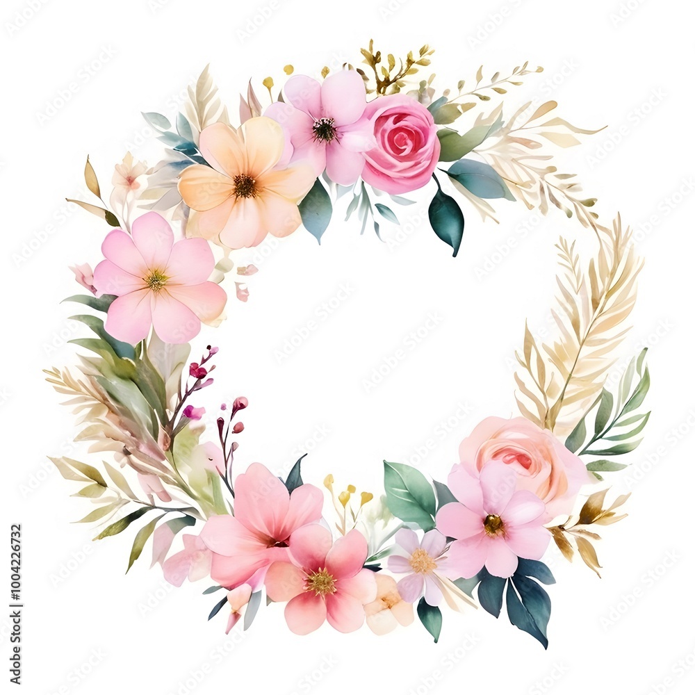 Fototapeta premium Floral wreath invitation greetings card background design with watercolor effects