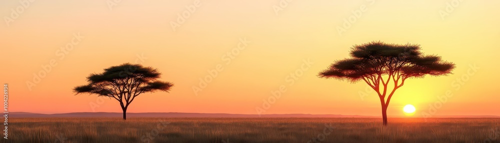 Sunset over savanna, acacia trees silhouetted, warm orange glow, 3D illustration