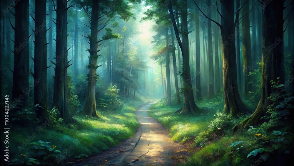 Fototapeta premium painting of dark forest path from high angle view
