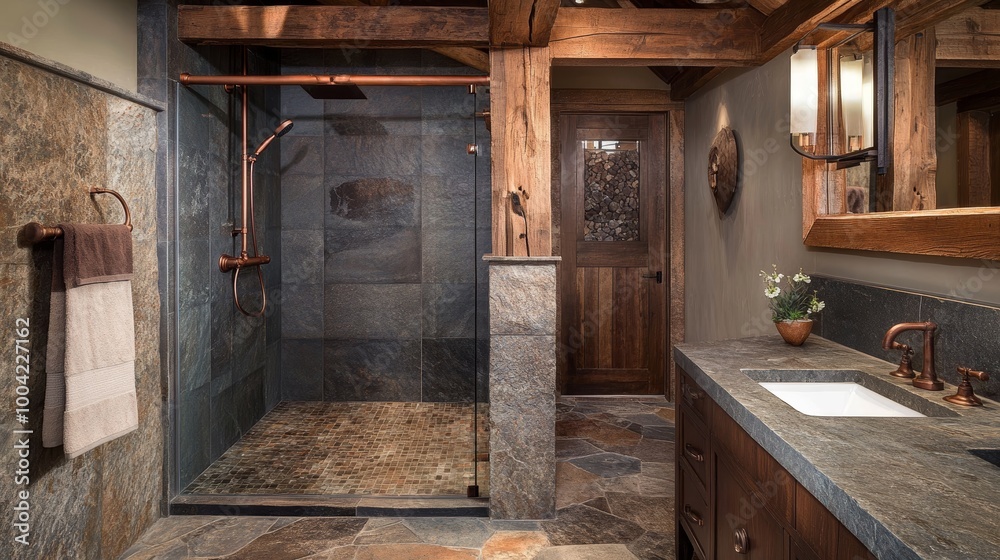 Rustic Bathroom with Stone Tile and Copper Accents.