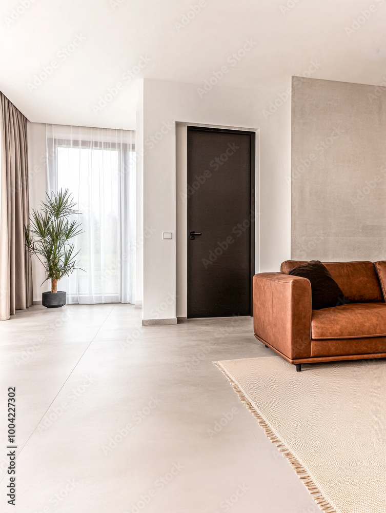 Modern living room featuring a brown leather sofa, indoor plant, and large windows with natural light in a contemporary setting Modern living room featuring a brown leather sofa, indoor plant, and large windows with natural light in a contemporary setting