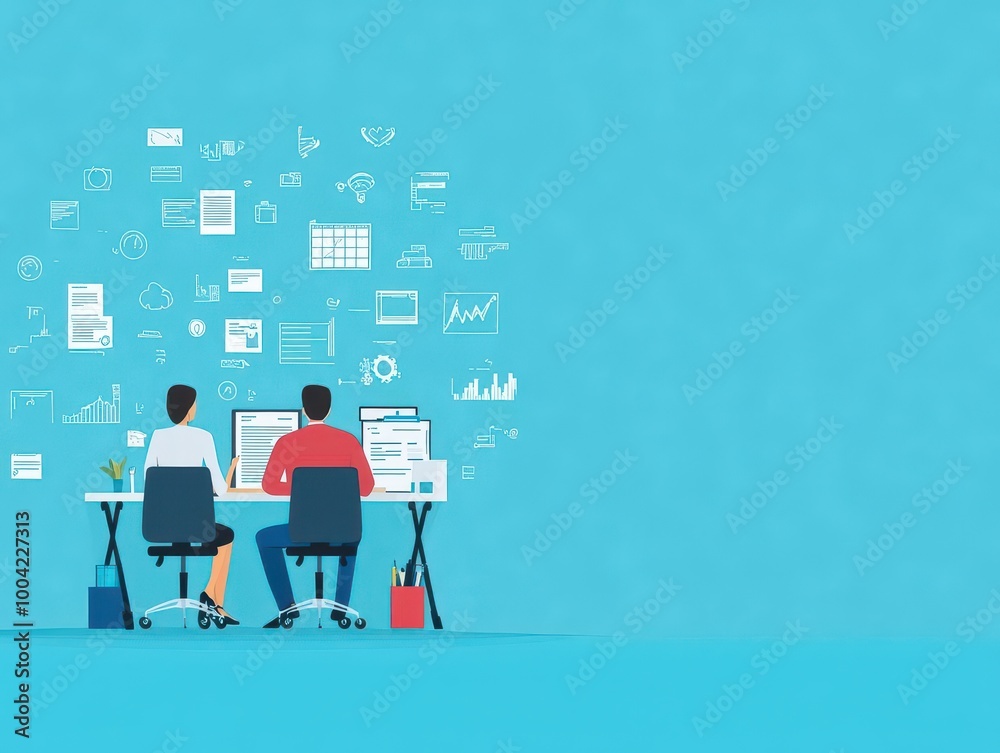 Fototapeta premium Tax advisor explaining forms, clients in office, flat design illustration