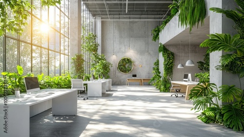 Modern open-air workspace with abundant greenery and natural light creating a refreshing and inspiring office environment