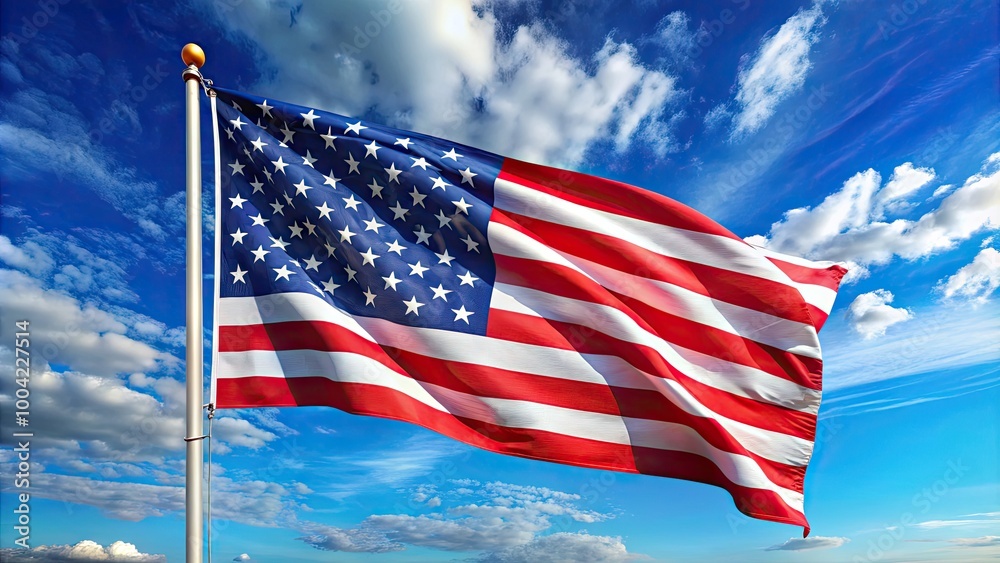 American Flag Waving in a Clear Blue Sky Symbolizing Freedom and Patriotism in the United States American Flag Waving in a Clear Blue Sky Symbolizing Freedom and Patriotism in the United States