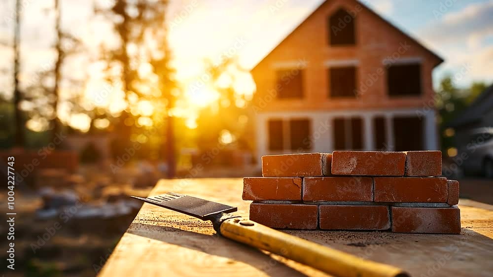 Bricks and a trowel placed on an outdoor workbench, the blurred image of a house being built