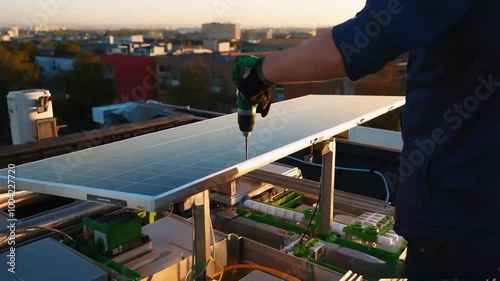 solar energy panels installed on home rooftop, slow parallax circle aerial shot of domestic photovoltaic panel. Sustainable and renewable source of clean energy icon