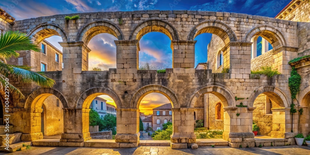 Obraz premium Ancient Stone Semicircular Wall with Arched Windows at the Historic Site of Split, Croatia
