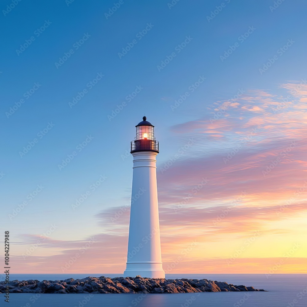 Majestic Lighthouse at Sunset Casting Long Shadows Over Rocky Shoreline in Coastal Landscape Majestic Lighthouse at Sunset Casting Long Shadows Over Rocky Shoreline in Coastal Landscape