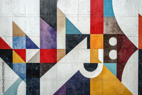 Fototapeta Naklejka Na Ścianę i Meble -  A modern wallpaper design featuring vibrant geometric patterns with circles, triangles, and bold colors creating a dynamic abstract composition