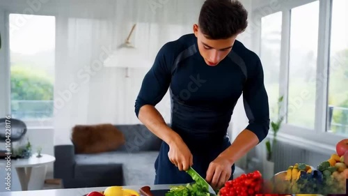 Beautiful young man in sportswear preparing vegetable salad Fruits to eat after exercise in living room with sofa, healthy life concept, nutrition and dieting lifestyle of life