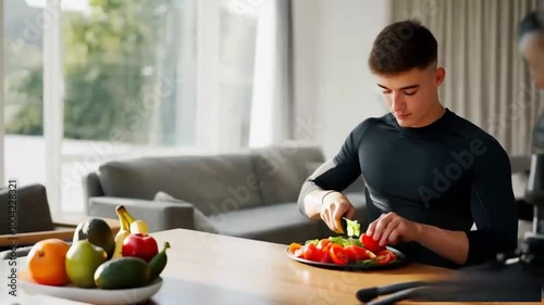 Beautiful young man in sportswear preparing vegetable salad Fruits to eat after exercise in living room with sofa, healthy life concept, nutrition and dieting lifestyle of life