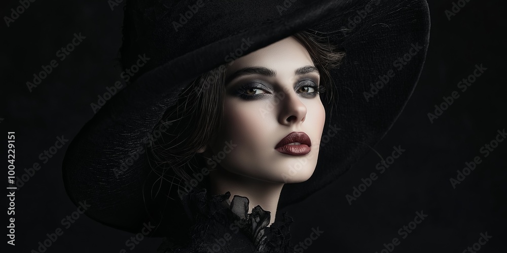A woman with a strong gaze dons an elaborate hat, the dark and moody lighting enhancing her allure. A woman with a strong gaze dons an elaborate hat, the dark and moody lighting enhancing her allure.