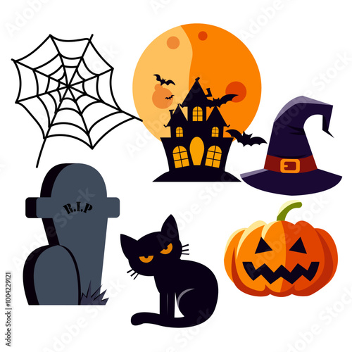 Spooky Halloween Icon Set with Haunted House and Pumpkin