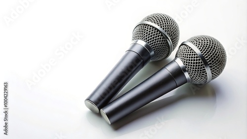 Pair of sleek handheld microphones on white background