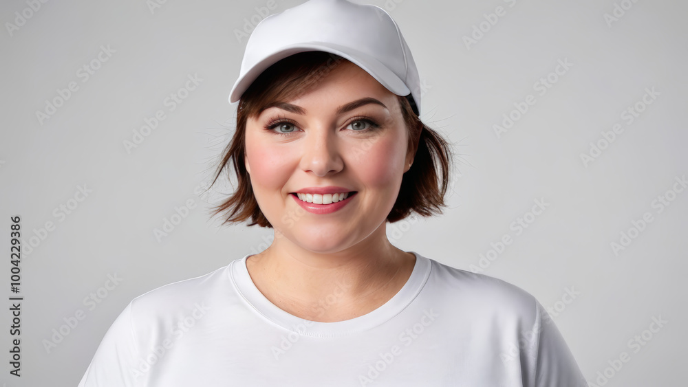 Plus size woman with short hair wearing white t-shirt and white baseball cap isolated on grey background