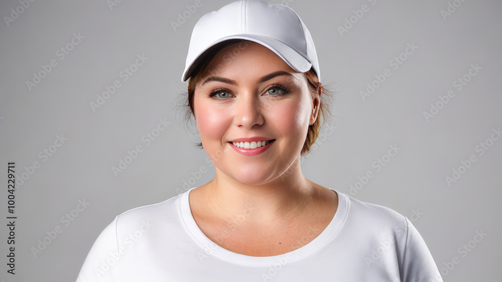 Plus size woman with short hair wearing white t-shirt and white baseball cap isolated on grey background Plus size woman with short hair wearing white t-shirt and white baseball cap isolated on grey background