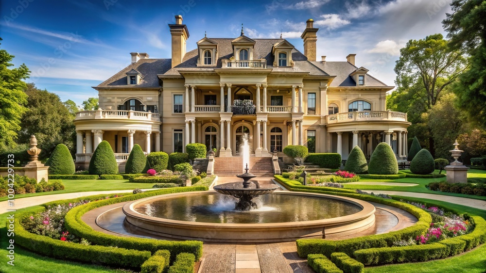 Naklejka premium Palatial house with fountain and manicured lawns