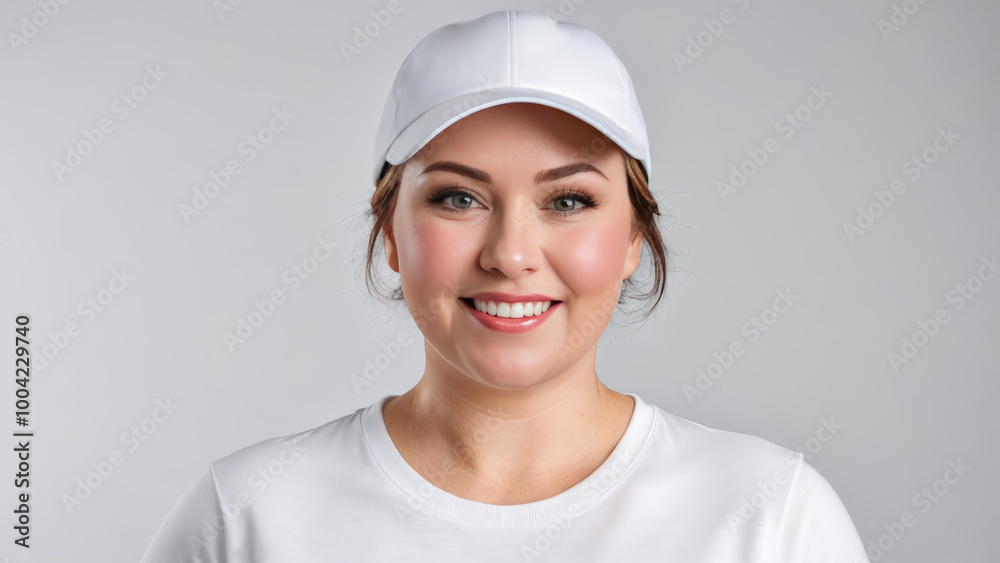 Plus size woman with short hair wearing white t-shirt and white baseball cap isolated on grey background Plus size woman with short hair wearing white t-shirt and white baseball cap isolated on grey background