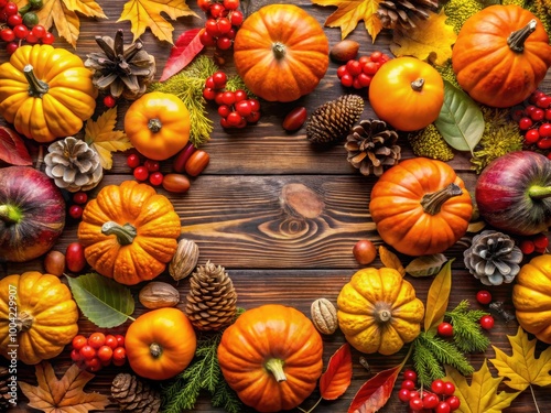 Autumn Holiday Frame with Decorative Pumpkins, Foliage, Berries, Pinecones, and Acorns - Top View