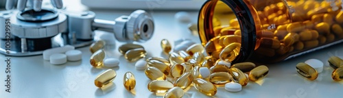 Capsules spilling from a medicine bottle next to scientific research instruments, pharmaceutical innovation and drug development