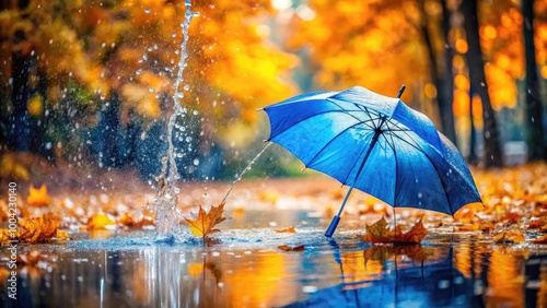 Wallpaper Mural Autumn Scene Featuring Blue Umbrella Under Rain with Water Drops Splashing in a Cozy Setting Torontodigital.ca