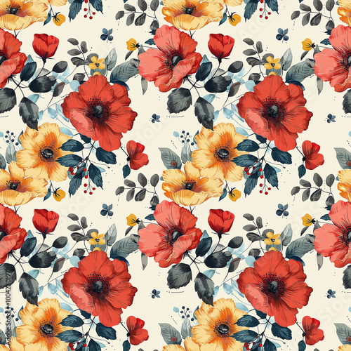 Vibrant Floral Pattern With Red, Yellow, and White Flowers on Dark Background