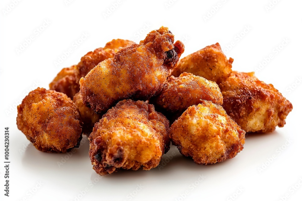 Bite-sized fried popcorn chicken isolated on white background, with a golden crispy coating, lightly seasoned, arranged in a loose pile Bite-sized fried popcorn chicken isolated on white background, with a golden crispy coating, lightly seasoned, arranged in a loose pile