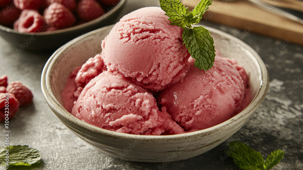 A tangy raspberry sorbet served in a chilled bowl with fresh mint garnish. A tangy raspberry sorbet served in a chilled bowl with fresh mint garnish.