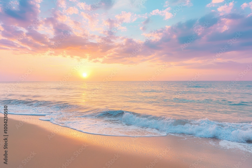 A beautiful sunset over the beach, casting vibrant colors across the sky and reflecting on the tranquil sea, with gentle waves lapping at the sandy shore A beautiful sunset over the beach, casting vibrant colors across the sky and reflecting on the tranquil sea, with gentle waves lapping at the sandy shore