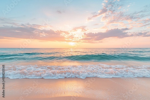 A beautiful sunset over the beach, casting vibrant colors across the sky and reflecting on the tranquil sea, with gentle waves lapping at the sandy shore