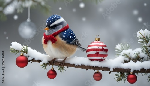 Smal bird in star and stripes on a branche
