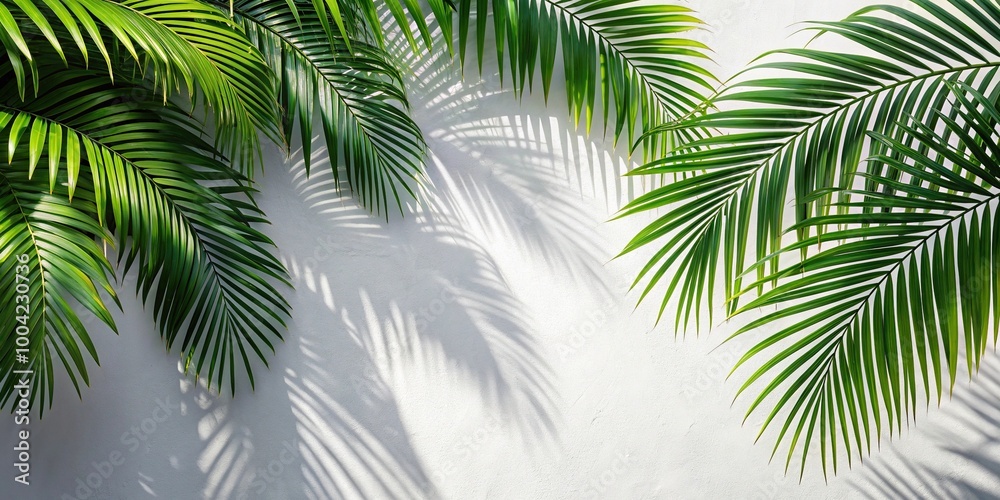 palm tree leaves casting shadow on white wall, panoramic view palm tree leaves casting shadow on white wall, panoramic view