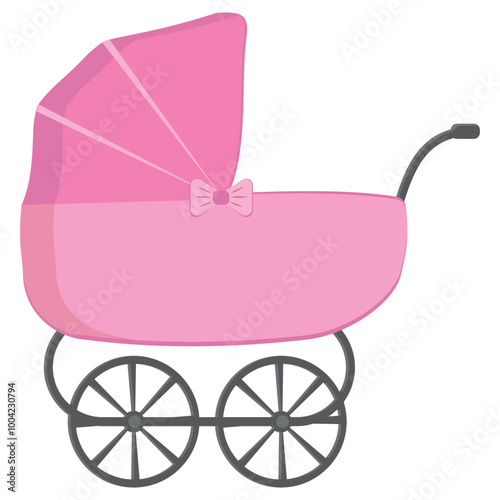 Pink baby stroller in cartoon style