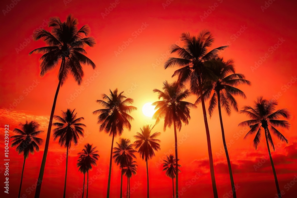 Palm trees silhouette on red background, perfect for summer vibes Palm trees silhouette on red background, perfect for summer vibes