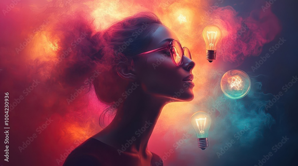 knowledge and creativity flow freely within a human silhouette filled with vibrant swirling colors and light bulbs representing ideas set against a soft pastel backdrop knowledge and creativity flow freely within a human silhouette filled with vibrant swirling colors and light bulbs representing ideas set against a soft pastel backdrop