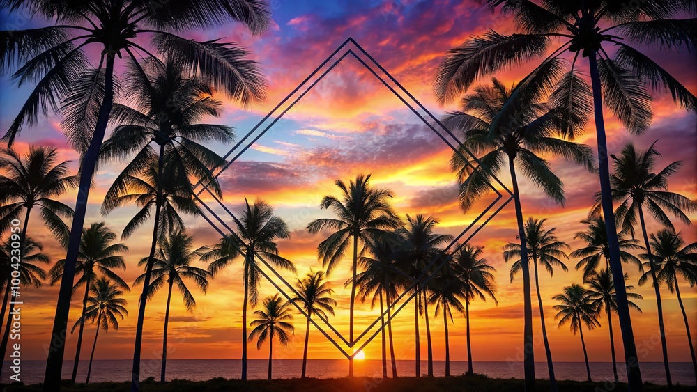 Obraz premium Palm trees silhouetted against a sunset sky with a geometric frame