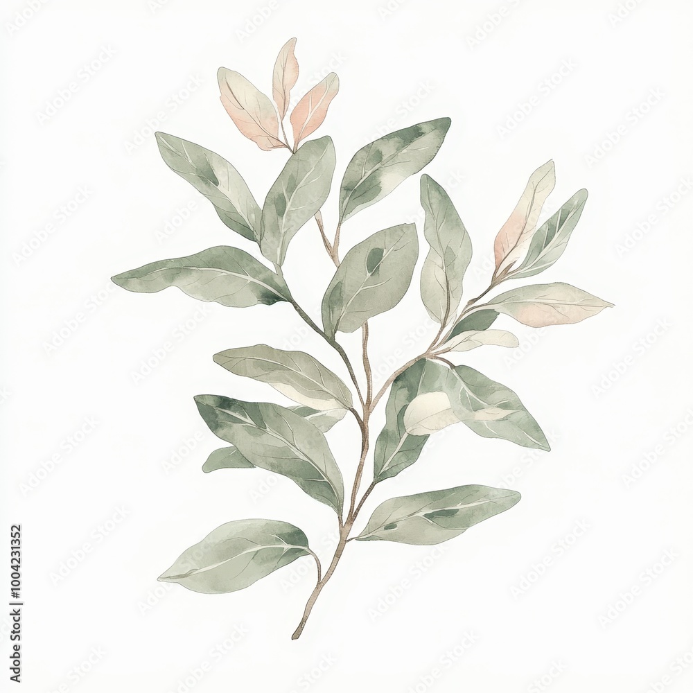 A watercolor illustration of a leafy branch with soft pink buds. A watercolor illustration of a leafy branch with soft pink buds.